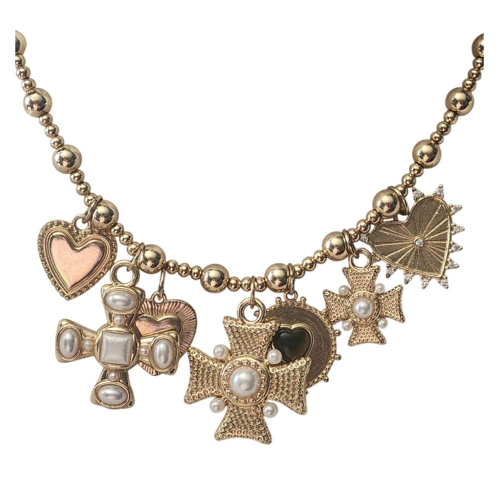 Vtg 1980s Persimmon Faux Pearl  Crosses Hearts Charm Necklace